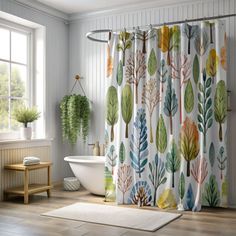 a bathroom with a bathtub, rug and shower curtain