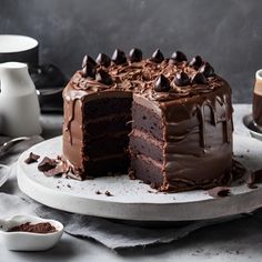 a chocolate cake on a plate with one slice cut out and the rest half eaten