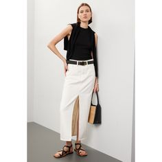 Off-white cotton (100% Cotton). Jeans & Denim. Front button fly closure. 38" inseam. 10.5" rise. Imported. Chic White Denim Skirt For Work, Chic Cotton Denim Skirt For Spring, White High Waist Cotton Denim Skirt, White High-waisted Cotton Denim Skirt, Chic Fitted White Denim Skirt, Chic White Fitted Denim Skirt, Chic Summer Workwear Denim Skirt, Chic Summer Denim Skirt For Workwear, White Cotton Denim Skirt For Day Out