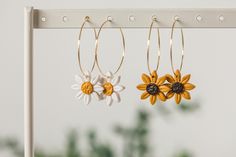 Daisy or Sunflower Earrings, CLAY EARRINGS | hypoallergenic | handmade, floral boho hoop earrings, Gift for Her Spring Flower Charm Hoop Earrings As Gift, Spring Hoop Earrings With Flower Charm As Gift, Everyday Flower Charm Hoop Earrings, Spring Gift Hoop Earrings With Flower Charm, Summer Flower Charm Hoop Earrings, Handmade Hoop Flower Earrings For Gift, Flower Shaped Hoop Earrings For Summer Gifts, Spring Flower Charm Jewelry, Dainty Adjustable Flower Earrings For Spring