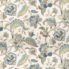 a white and blue floral pattern on fabric