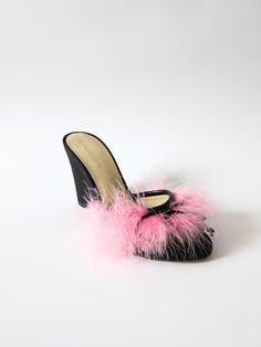 canvas upper faux feather detail leather outsole wedge mule approx 85mm/ 3.35 inch heel made in Italy Faux Feathers, Vegan Design, Wedge Mules, August Birthstone Jewelry, Leather Bow, Gifts For New Mums, Jewelry Ring Box, Pearl Jewellery Earrings, Leather Bows