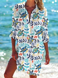 V-neck Shirt Dress For Beach Season, Casual V-neck Shirt Dress For Vacation, Spring Long Sleeve Beach Dress For Beach Party, Casual White Printed Shirt Dress, Casual Long Sleeve Dress For Beach Party, Casual Printed Shirt Dress For Beach, Multicolor Long Sleeve Vacation Dresses, Long Sleeve Multicolor Dresses For Vacation, Long Sleeve Vacation Dresses