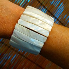 Lovely White Mother Of Shell Bracelet. 1.75" Wide Very White Shiny And Pretty, Turn Inside Out For Another Rich Look With Natural Tan Colors. Very Boho Chic, Awesome Summer Vacay Piece. Elegant White Stretch Bracelet For Beach, White Adjustable Bangle Cuff Bracelet, Adjustable White Cuff Bangle Bracelet, Morse Code Gifts, Givenchy Bracelet, Faux Leather Bracelets, Silver Heart Bracelet, Modern Bracelets, Open Cuff Bracelet