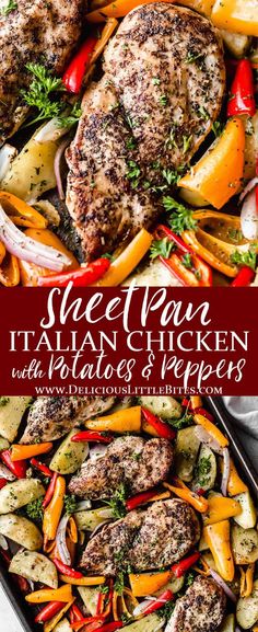 sheet pan italian chicken and veggies with text overlay that reads sheet pan italian chicken and veggies