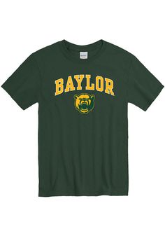 Show off your team pride in this Baylor Bears Green Arch Mascot Short Sleeve T Shirt! This Baylor Short Sleeve Tee features a screen print of Baylor with bear head logo on front chest. Make sure everyone knows you root for the Bears with this Green Baylor T Shirt. Go Bears! Classic Fit, Tubular construction, Taped neck and shoulders, Quarter-turned to eliminate center crease, Unisex, Fit: True to Size, 100% Cotton Team-colored Short Sleeve T-shirt With University Logo, Collegiate Green T-shirt With Logo Print, Green Team Logo T-shirt Fan Gear, Green T-shirt With Team Name For Fans, College Team Name Green T-shirt, Green Sports Fan T-shirt For College, Green T-shirt With Team Logo For Fans, Green Fan Gear T-shirt With Team Logo, Green College T-shirt With Team Name