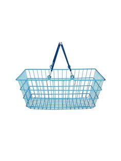 a blue shopping basket hanging from a hook on a white background with clippings