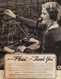 an old photo of a woman working in a machine with the words please thank you