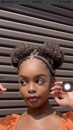 Natural Hair Braided Into Two Puffs, Afro Puff Hairstyles Black Women Updo, Afro Pigtails Natural Hair, Afro Puff Pigtails, Small Puffs Natural Hair, 2 Puffs With Bangs, Three Puffs Natural Hair, Puff With Braids Natural Hair, Afro Puff Aesthetic