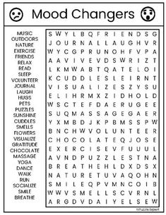 a word search for mood changers is shown in this printable puzzle game, which includes