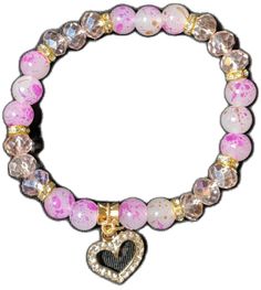 Trendy Pink Beaded Charm Bracelet, Pink Charm Bracelet With Colorful Round Beads, Pink Crystal Bracelet With 8mm Beads For Party, Elegant Pink Heart Beaded Bracelets, Elegant Pink Heart-shaped Beaded Bracelets, Pink Valentine's Day Jewelry With Colorful Beads, Valentine's Day Pink Jewelry With Colorful Beads, Elegant Pink Beaded Bracelets With Heart Beads, Trendy Pink Bracelet With Faceted Beads