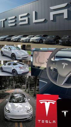 the tesla logo is shown in this collage with many different types of electric vehicles