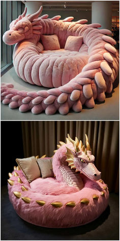 two pictures one is pink and the other has gold dragon pillows on top of it