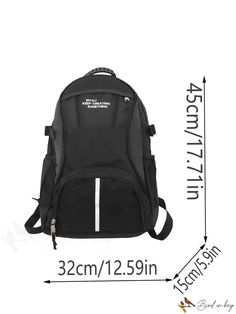 the back side of a black backpack with white stripes on it and measurements for each section