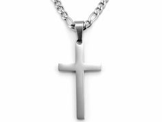 "*Christian cross necklace is Highly polished shiny both sides surface simple and classic design pendant with high quality 3mm Figaro Link chain. *Men's Cross Necklace, cross pendant with chain High Quality 316L Stainless Steel is Commonly used for jewelry because it will not oxidize or turn black with only minimal maintenance. *Cross Pendant size : Length - 1.26\"(32mm), Width - 0.7\"(17mm), Cross Chain size : Length - 16\" - 24\", Width - 3mm. Four different lengths provided for you option, Se Classic Engraved Cross Pendant Necklace, Elegant Father's Day Necklaces, Formal Engraved Stainless Steel Necklace, Formal Stainless Steel Engraved Necklace, Classic Stainless Steel Jewelry With Cross Pendant, Classic Engraved Crucifix Necklace, Engraved Stainless Steel Cross Necklaces, Boys Necklaces, Spiritual Stainless Steel Necklaces For Father's Day