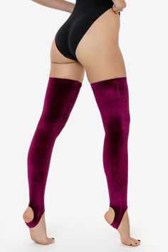 These velvet socks are a sexy thigh high length and feature an arch-supporting stirrup. Finished with silicone elastic to hold them up through any activities. Pair with bodysuits or any of our velvet dresses for a complete look. If you are unsure about sizing, or have long legs we recommend sizing up. * All sales final. No returns or exchanges allowed. Made in South Central, Los Angeles by workers earning fair wages. | Velvet Thigh High Stirrup Sock for Women in Burgundy, Size XS Velvet Socks, Stirrup Pants, Velvet Dresses, South Central, Thigh High Socks, Thigh High Stockings, Stirrups, Stretch Velvet, Fashion Socks