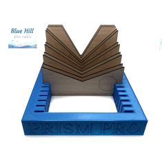 a blue and brown book stand with books on it