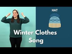 a woman standing in front of a blue background with the words winter clothes song