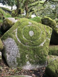 large rocks covered in moss and trees on the side of a hill, with an artistic design painted on them