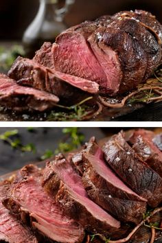 two pictures of roast beef with herbs on the side