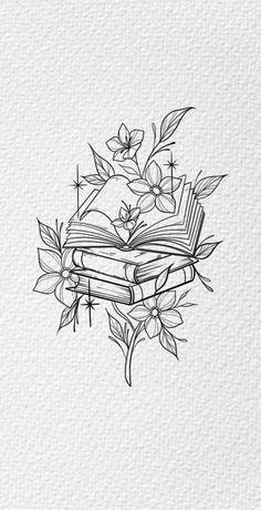 Pencil Art Aesthetic, Book And Flowers, Book Inspired Tattoos, Book With Flowers, Fine Line Drawing, Bookish Tattoos, Bestie Tattoo, Fantasy Tattoos, Tattoos For Lovers