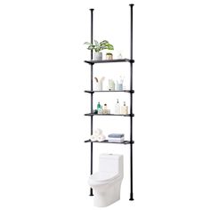 a bathroom shelving unit with a toilet