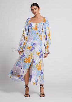 Relaxed Double-Puff Sleeve Dress - Multi Floral Print - & Other Stories Floral Print Midi Dress, Sleeveless Dress Summer, Puffed Sleeves Dress, Spring Summer Dress, Daily Dress, Floral Dress Summer, Blue Midi Dress, Puffed Sleeves, Fashion Story