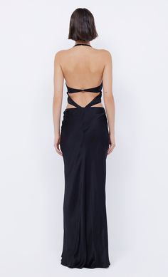 The BEC + BRIDGE Alabama Halter Dress is a flattering, going out style in a statement silhouette. The elevated style features flattering cut outs details connected with e-hooks through the bodice and a deep v front neckline and back. Formal Halter Neck Backless Dress With Cutout Back, Backless Maxi Dress For Black-tie Events, Sleek Tie-back Dress For Night Out, Sleek Tie Back Dress For Night Out, Sleek Tie-back Maxi Dress For Night Out, Black Maxi Dress With Cut-out Waist For Evening, Elegant V-neck Backless Dress With Cutout Back, Chic Evening Midi Dress With Corset Back, Black Dresses For Black-tie Events With Back Opening