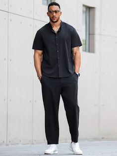 Men's Plus Size Solid Color Short Sleeve Shirt And Loose Pants, Summer Casual Plain Outfit, Going Out Black       Non-Stretch  Men Plus Size Clothing, size features are:Bust: ,Length: ,Sleeve Length: Mens Oversized Button Up Shirt Outfit, Men Loose Pants Outfit, Black Shirt Formal Outfit Men, All Black Casual Outfit Men, Black Pants Outfit Men Casual, Men Vegas Outfit, Short Men Outfit Ideas