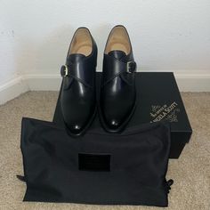 Slightly Used, Office Of Angela Scott Monk Strap Loafers With Block Heel. Leather Insole And Outsole. Comes With Box And Dust Bag. Designer Monk Strap Shoes With Round Toe For Work, Designer Monk Strap Slip-on Shoes For Semi-formal Occasions, Luxury Monk Strap Shoes With Rubber Sole For Office, Elegant Slip-on Oxfords For Formal Occasions, Formal Pointed Toe Tassel Loafers With Rubber Sole, Elegant Tassel Loafers With Rubber Sole, Designer Wingtip Monk Strap Shoes For Formal Occasions, Elegant Monk Strap Shoes With Flat Leather Sole, Elegant Black Slip-on Monk Strap Shoes