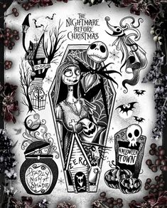 the nightmare before christmas poster is shown in black and white, with skulls on it