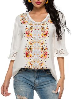 Western Shirt V Neck Boho Embroidered Mexican Shirts Short Sleeve Casual Tops Blouse Multicolor V-neck Top With Floral Embroidery, Casual V-neck Embroidered Top With Multicolor Embroidery, Casual V-neck Blouse With Geometric Embroidery, Casual Blouse With Floral Embroidery And Half Sleeves, Casual V-neck Shirt With Floral Embroidery, Casual V-neck Top With Multicolor Embroidery, Spring Tops With Floral Embroidery And Half Sleeves, Multicolor Floral Embroidered V-neck Top, Bohemian Half Sleeve Printed Top