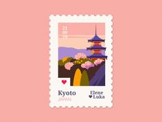 a postage stamp with an image of a pagoda and mountains in japan on pink background