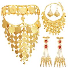 PRICES MAY VARY. Belly Dance Jewelry Set: the package comes with a gold dance veil, a pair of Gypsy Egyptian gold bracelet with finger nails, a belly dance coin necklace, and a pair of coin pendant earrings, the ideal set and boho style can meet your decoration needs Size Details: the total circumference of the gypsy face jewelry is about 61 cm/ 24 inches, the gold bracelet is about 20 cm/ 7.87 inches, the coin earring is about 6 cm/ 2.36 inches, and the gold necklace is about 50 cm/ 19.69 inche Gold Metal Body Jewelry For Festival, Gold Metal Jewelry Sets For Party, Gold Metal Jewelry For Costume Party, Adjustable Gold Jewelry For Halloween, Gold Adjustable Costume Accessories For Party, Gold Adjustable Costume Accessories For Costume Party, Adjustable Gold Jewelry Sets For Celebration, Elegant Gold Jewelry For Festival, Adjustable Gold Costume Accessories For Festivals