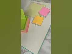 an open notebook with sticky notes attached to it and some colored paper on the cover