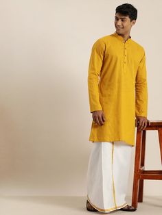 Vastramay Men's Mustard Cotton Kurta And Mundu Set Casual Cotton Kurta With Relaxed Fit, Casual Cotton Traditional Wear For Eid, Cotton Casual Kurta For Eid, Casual Cotton Kurta For Eid, Casual Long Sleeve Kurta For Festive Occasions, Casual Long Sleeve Festive Kurta, Casual Long Sleeve Yellow Kurta, Festive Long Sleeve Casual Kurta, Casual Yellow Long Sleeve Kurta