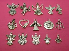 15 Different antique silver tone angel charms ranging from 14 to 35mm Silver Charm Necklaces For Valentine's Day With Dangling Charms, Vintage Silver Charm Necklaces For Valentine's Day, Silver Vintage Charm Necklaces For Valentine's Day, Sea Charms, Styled Jewelry, Angel Charms, Crafts To Make And Sell, Vintage Style Jewellery, Bracelet Charm