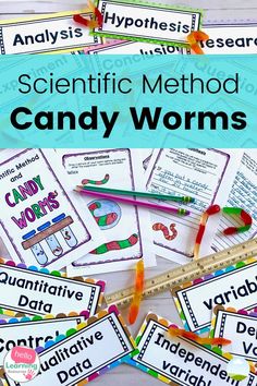 some candy worms are on the table and there is text overlay that says scientific method candy worms