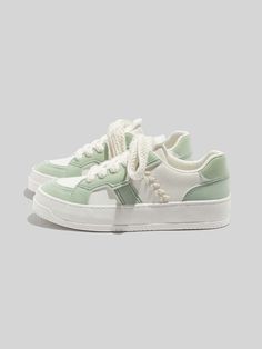 Green Sporty Collar   Colorblock Skate Shoes Embellished   Women Shoes Green Cute Shoes, Cute Shoes Cheap, Coconut Girl Shoes, Cute Green Shoes, White And Green Shoes, Sage Green Shoes, Sneaker Reference, Light Green Shoes, Colorblock Shoes