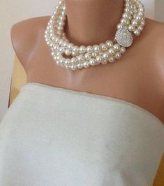 Bridal ,Multi Strands Wedding Pearl Necklace ,Rhinestone Brooch, I designed this very romantic necklace with ivory pearls and rhinestone clasp Your best gift for your bridesmaids! It is boho chic design and also vintage inspired work It is beautiful,stylish,elegant wedding accessory! You can