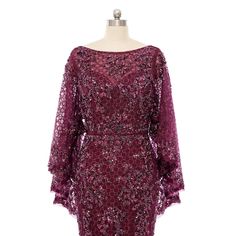 Elegant maxi burgundy red sequins lace mother of the bride/groom evening dress with long sleeves. This dress is made to order and turn around time is around 6-8 weeks. If you need rush service, please contact us prior to placing your order. Bra padding and boning Sequin, lace Zipper closure Standard size orders, please refer to our size chart. Custom-size dress will be made based on the measurements provided. The measurement form will be emailed.