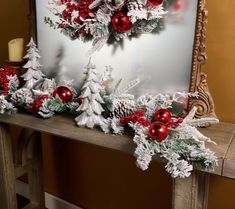 a mantle decorated with red and white christmas decorations