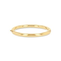 5mm 14-karat gold tube bangle with a single or double clasp. Inner diameter dimensions: Small - Approx. 45mm across. Regular - Approx. 50mm across. Classic Gold Hinged Bangle, Classic Bangle Jewelry With Gold Clasp, Classic Bangle With Gold Clasp, Classic Hinged Yellow Gold Bangle, Classic Yellow Gold Hinged Bracelet, Classic Hinged 14k Gold Bracelet, Classic 14k Gold Hinged Bracelet, Hinged 14k Gold Round Bracelets, Hinged Yellow Gold Round Cuff Bracelet