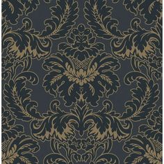 an ornate wallpaper pattern with gold and black accents on a dark blue background, in the style of damask