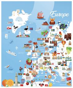 an illustrated map of europe with all the major attractions