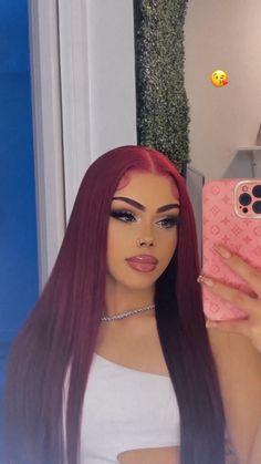 Dark Red Hair Extensions, Burgundy Hair And Makeup, Makeup Look For Red Hair, Highlights For Burgundy Hair, Red Hair On White Skin, Red Hair Baddie, Red Hair Makeup Ideas, Berry Red Hair Color