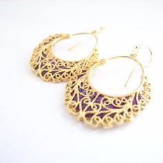 GresianChic FilligreeEarrings UniqueHandmadeJewelry | Etsy Purple Earrings With Intricate Design For Gift, Purple Earrings With Intricate Design As Gift, Nickel-free Gold Hoop Earrings For Festive Occasions, Nickel Free Gold Hoop Earrings For Festive Occasions, Gold Nickel-free Hoop Earrings For Festive Occasions, Festive Gold Hoop Earrings Nickel Free, Artisan Gold Earrings With Intricate Design, Gold Fusion Hoop Earrings For Festive Occasions, Bohemian Purple Jewelry For Festive Occasions