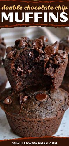 double chocolate chip muffins stacked on top of each other with text overlay