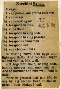 an old recipe for zucchini bread