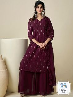 Burgundy embroidered Kurta with Palazzos with dupattaKurta design:Ethnic motifs embroideredA-line shapeRegular styleV-neck, three-quarter regular sleevesNa pockets sequinned detailKnee length length with straight hemGeorgette machine weave fabricPalazzos design:Solid PalazzosPartially elasticated waistbandSlip-on closure Western Kurtis, Ethnic Motifs, Salwar Kameez Online, Blouse Sale, Net Dupatta, Teal And Pink, Teal And Gold, Kurta Designs, Pink Silk